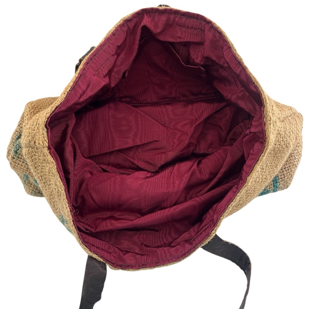 Handmade upcycled burlap market tote fully lined faux leather straps pocket - Picture 7 of 8